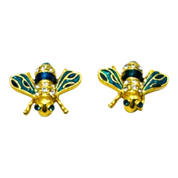 Vintage Bee Shaped Gold-Tone Clip-On Earrings W Rhinestones & Enamel Accents - Picture 4 of 8